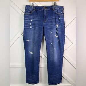 CAbi Boyfriend Jeans in Distressed Dark Blue Denim